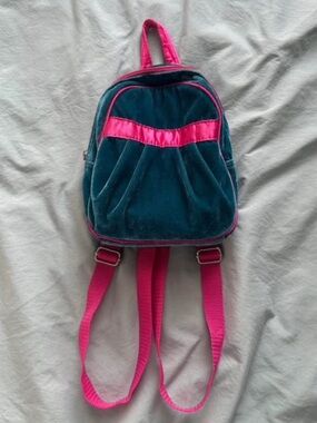 Vintage 90s Teal Velvet Mini Backpack Y2K Festival Bag Hot Pink Trim